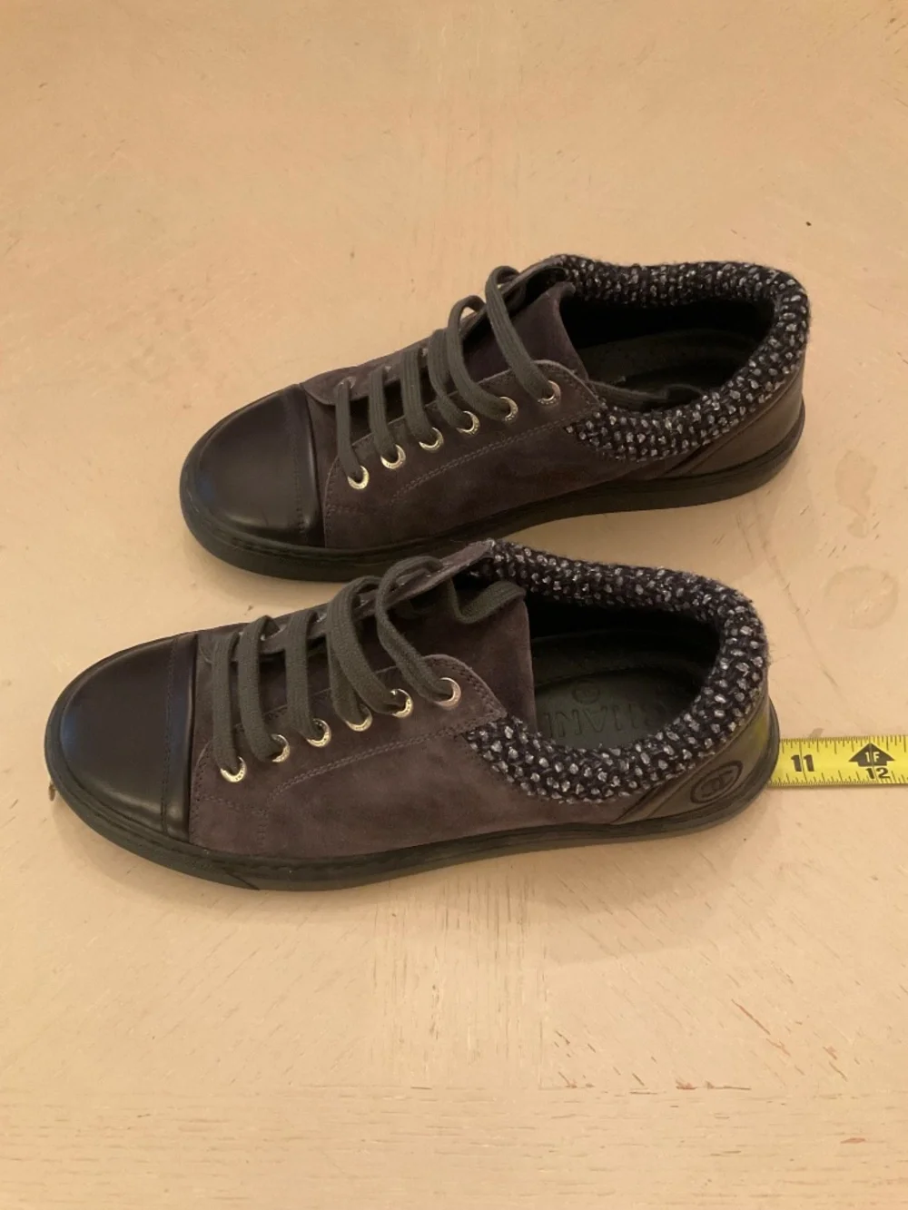 CHANEL Grey Gray Black Suede Tweed Low Top Lace Up Sneaker Shoes 37.5
